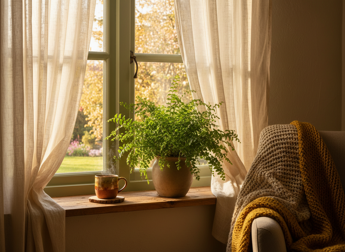 Sunlit window with plant and coffee mug