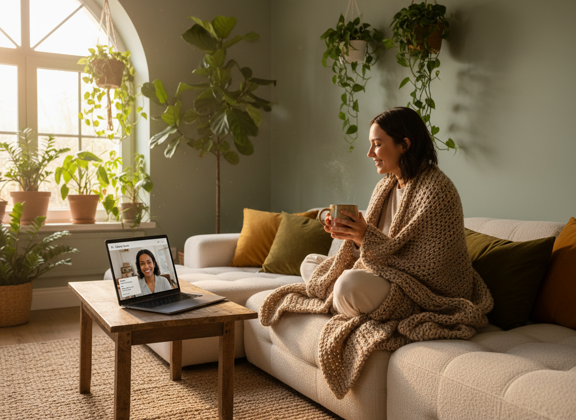 A person wrapped in a cozy blanket on a sofa, holding a warm mug, smiling at a laptop screen during a teletherapy session, surrounded by plants and warm natural light.