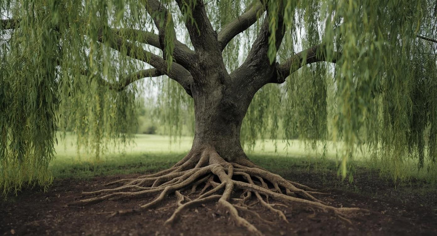 A willow tree with deep, visible roots in a lush green landscape