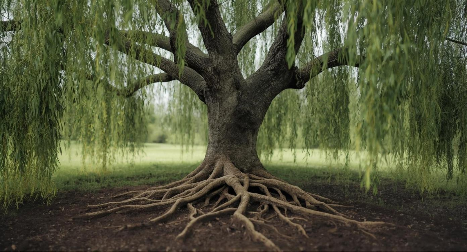 A willow tree with deep, visible roots in a lush green landscape